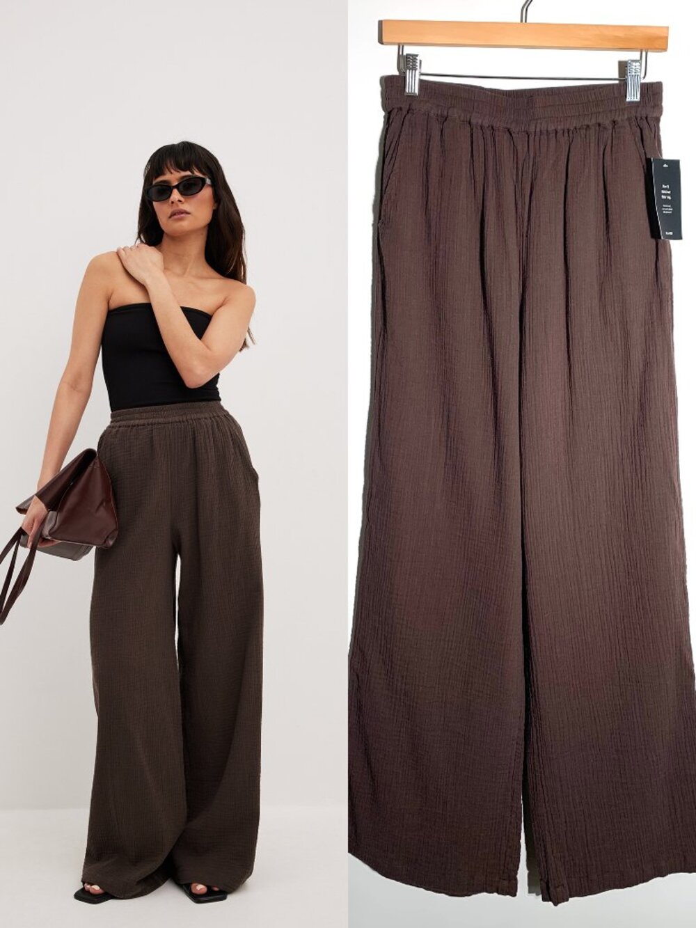 NWT NA-KD Chocolate Brown Wide Leg Pants Crinkle Gauze Trousers Minimalist M